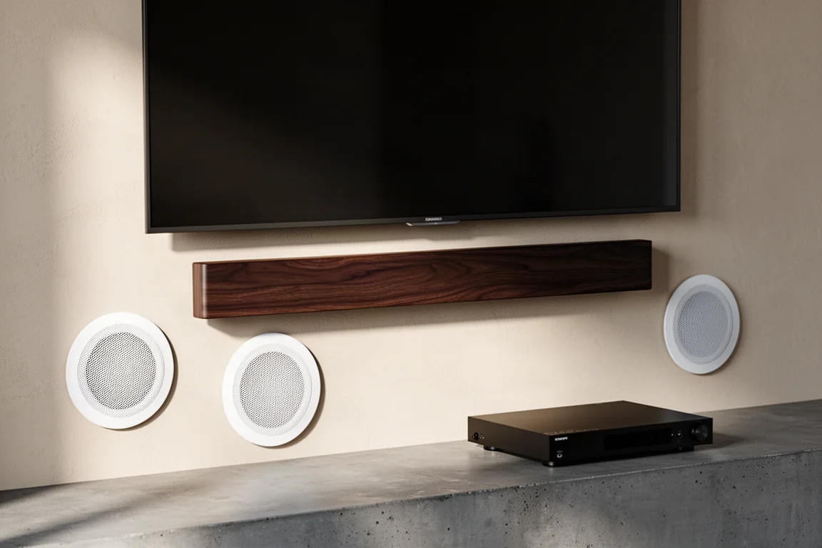 Walnut passive soundbar under a television with two in-ceiling speakers and an AV receiver