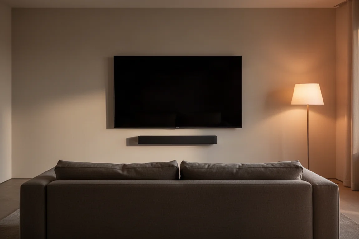 Salon minimaliste avec une barre de son fixée au mur sous un grand téléviseur au crépuscule