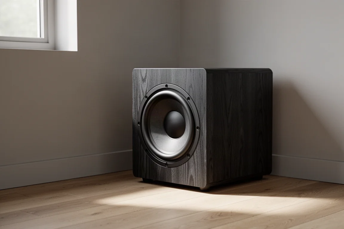 Caisson de basses compact dans un coin d'un salon minimaliste sur un parquet en chêne clair