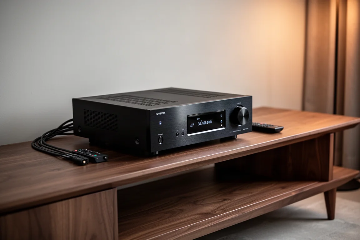 Ampli-tuner AV sur un meuble TV en bois avec câble d'enceinte et télécommande à côté