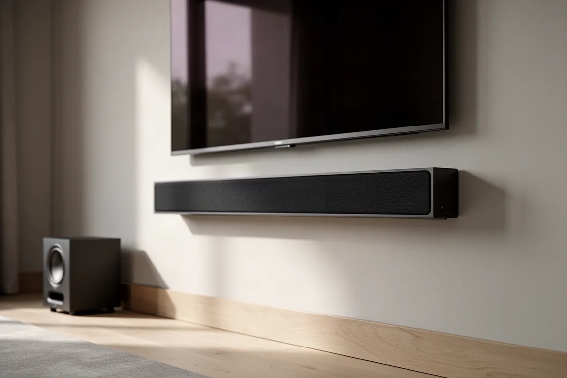 Long passive sound bar mounted flush beneath a large television with a subwoofer nearby