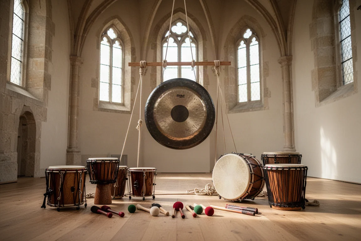 Slaginstrument och en upphängd gong i ett inspelningsrum i en stenkyrka med högt i tak