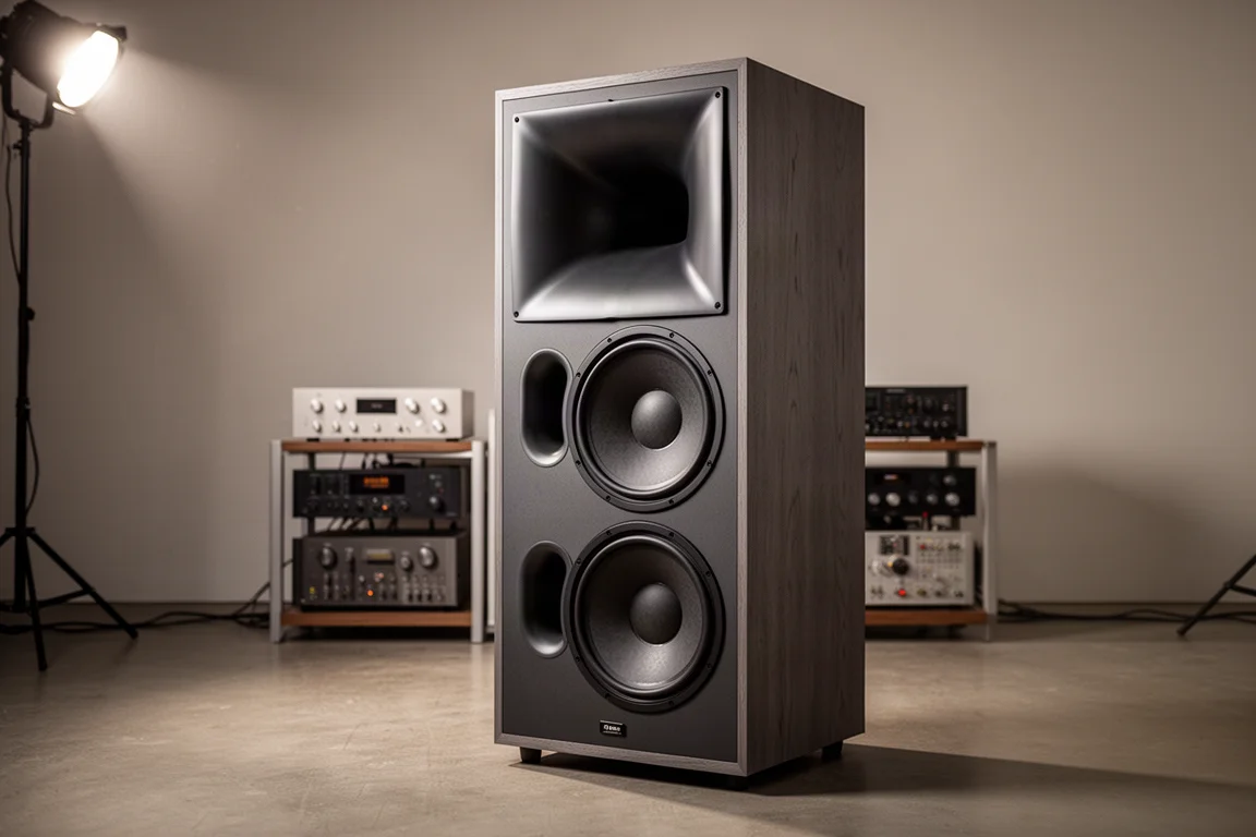 Large two-way horn-loaded floorstanding loudspeaker in a listening room with amplifier rack behind