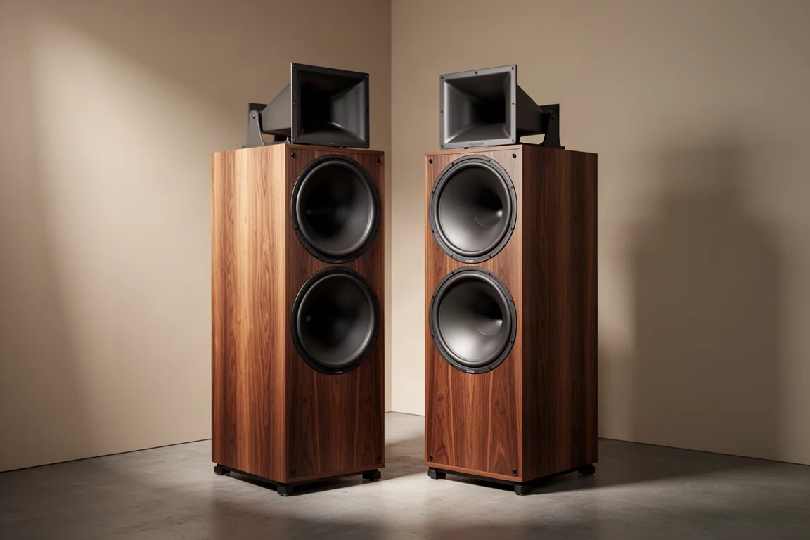 Two large horn-loaded floorstanding speakers in wood veneer cabinets in a listening room