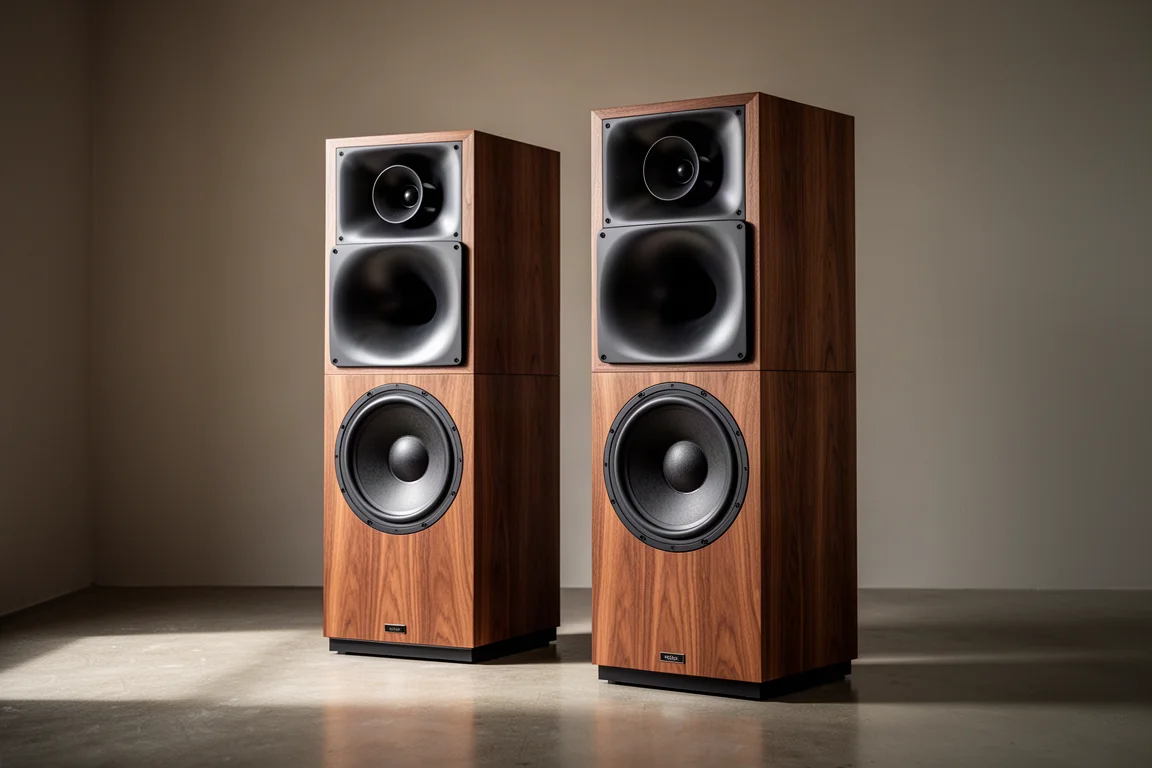 Two tall horn-loaded floorstanding speakers with wood veneer cabinets on a concrete floor