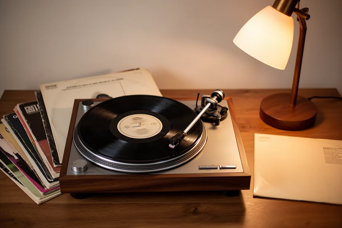 Platenspeler die een vinylplaat afspeelt naast een stapel albums onder warm lamplicht