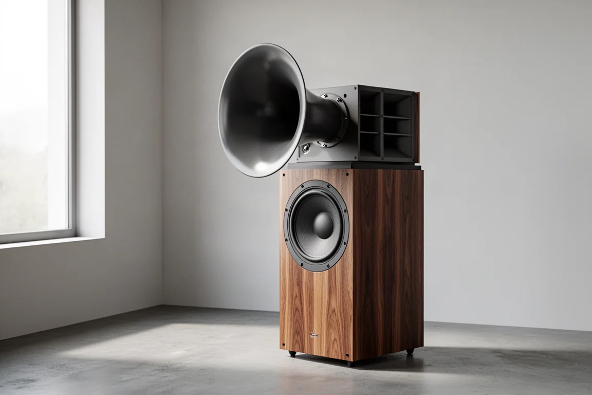 Large wood-veneer horn loudspeaker with a wide multi-cell horn on top in a minimal room