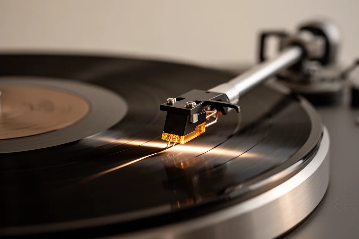 Primer plano de una aguja de tocadiscos siguiendo el surco de un vinilo bajo una luz cálida