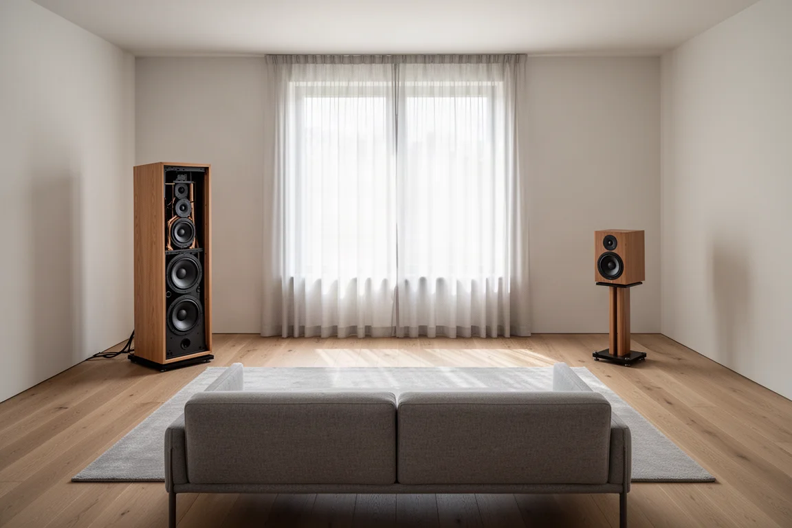 Vista amplia de una sala de escucha con un altavoz de baffle abierto alto y un pequeño altavoz de soporte
