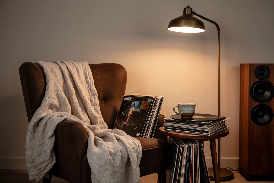 Rincón de escucha nocturno con sillón, discos de vinilo y una lámpara de pie cálida