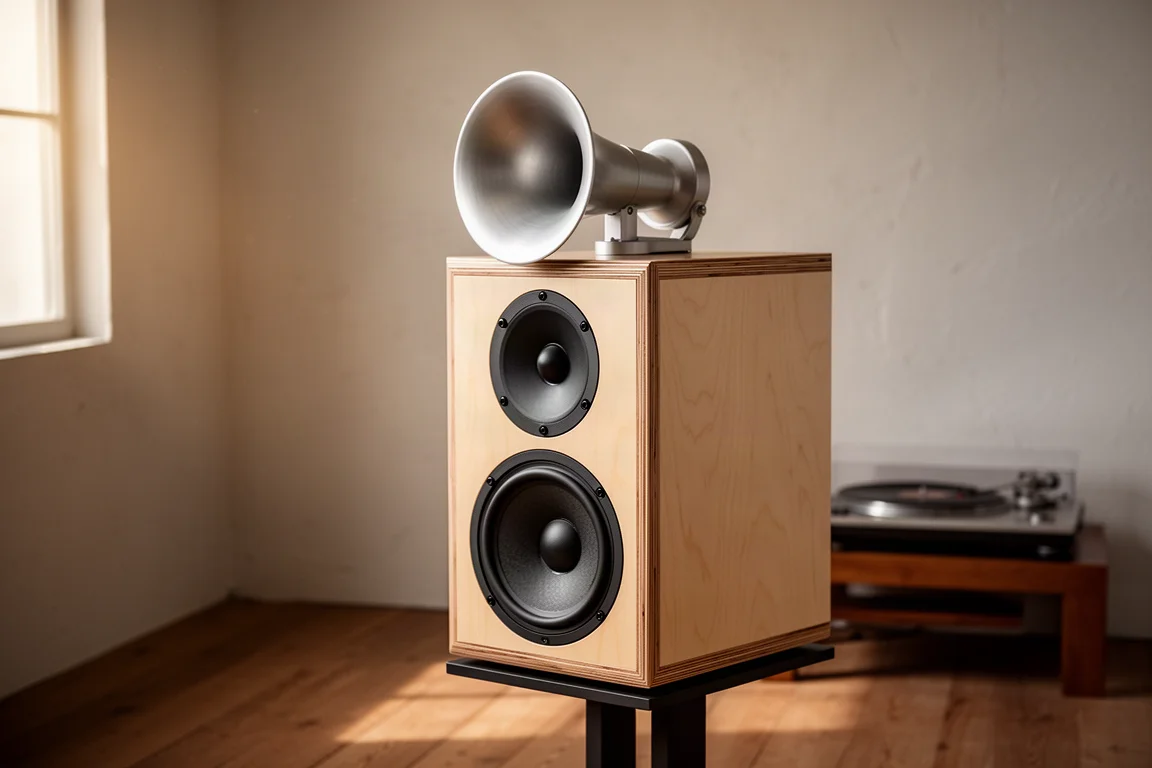 Stand-mount birch loudspeaker with aluminium horn in a minimal listening room