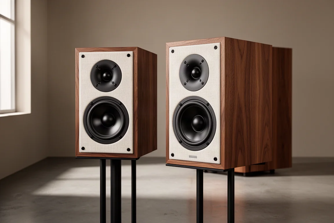 Walnut powered bookshelf speakers with ivory grilles on stands in a minimal listening room