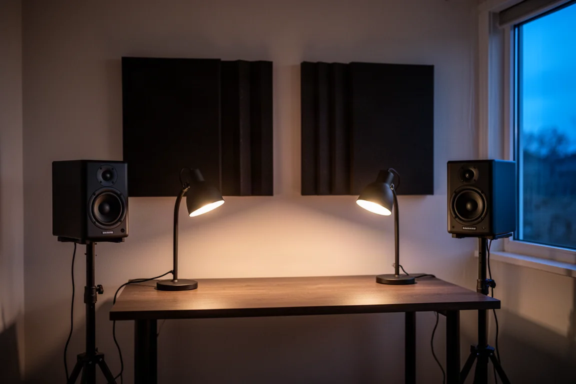 Piccolo home studio al crepuscolo con due monitor su supporti e una lampada da scrivania calda
