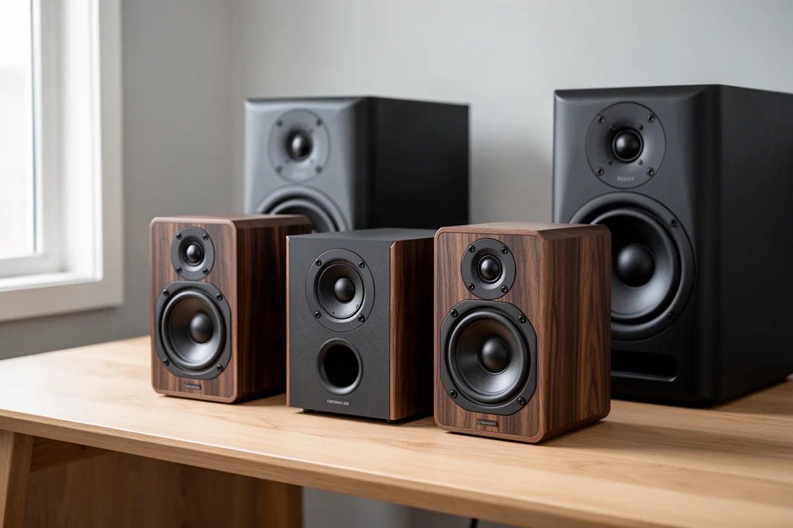 Three desktop speaker systems arranged on a light oak desk in soft studio light