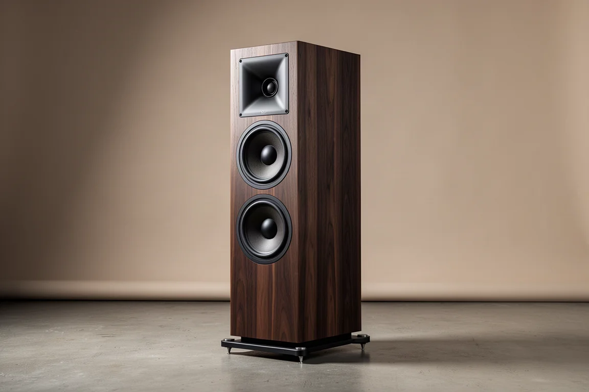 Tall floorstanding tower speaker with horn tweeter and two woofers on a concrete floor