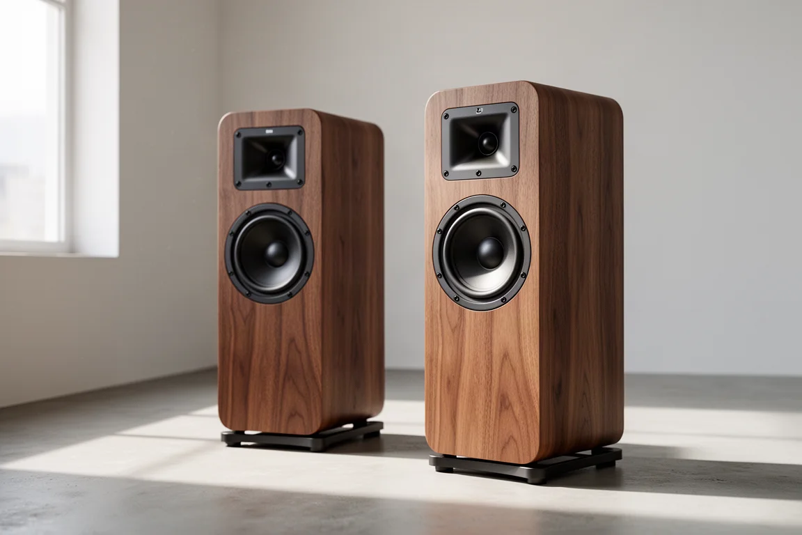 Pair of walnut veneer stand-mount hi-fi speakers on steel stands in a minimal listening room