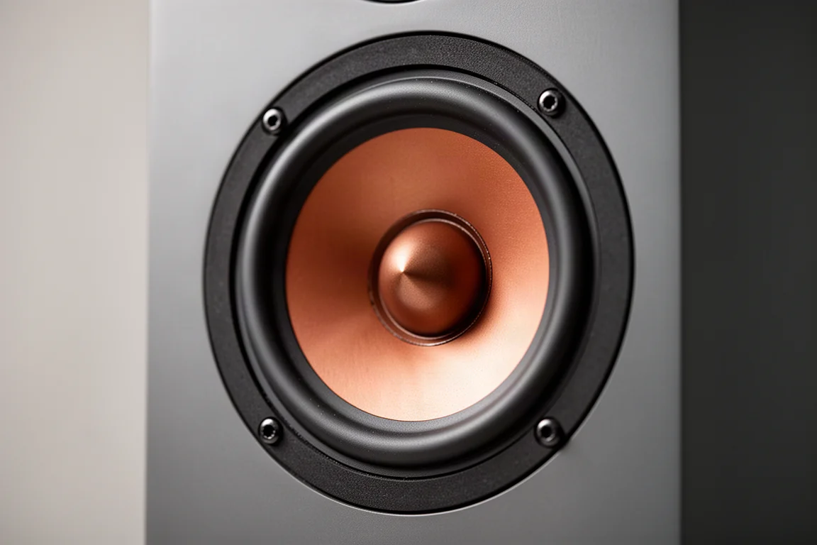 Macro-opname van een koperkleurige luidsprekerwoofer met rubberen surround
