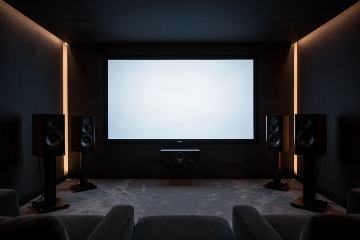 Donkere home-theaterruimte bij nacht met een oplichtend scherm en luidsprekers in silhouet