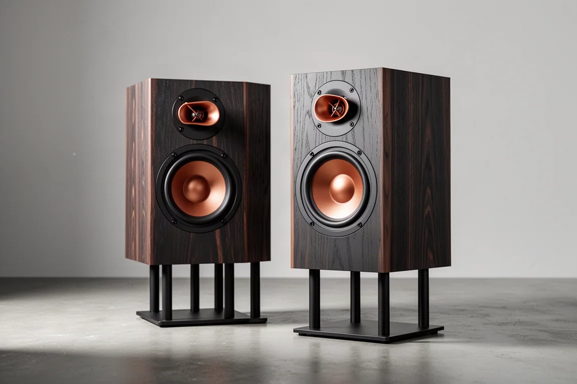Pair of dark woodgrain bookshelf speakers with copper-toned cones on black stands