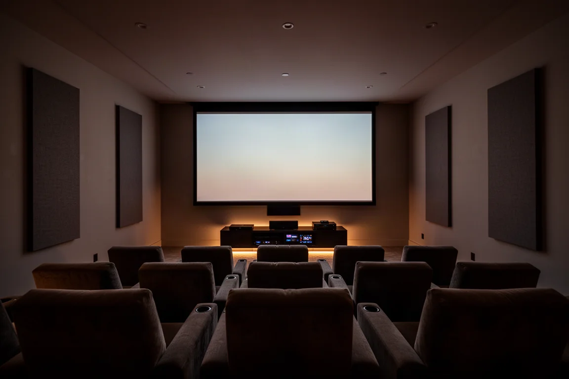 Schemerig home-theatervertrek bij zonsondergang met zitplaatsen gericht op een groot scherm