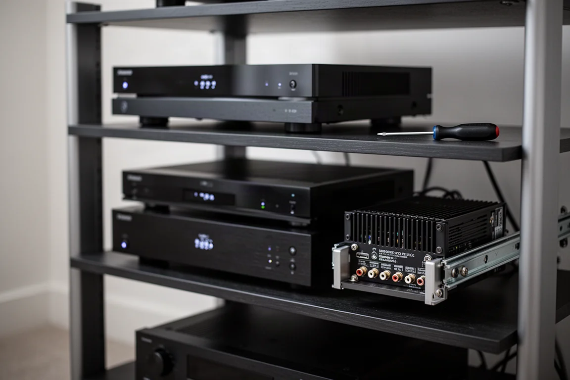 Home-theaterapparatuurrack met een modulaire versterkermodule die op rails naar buiten is geschoven