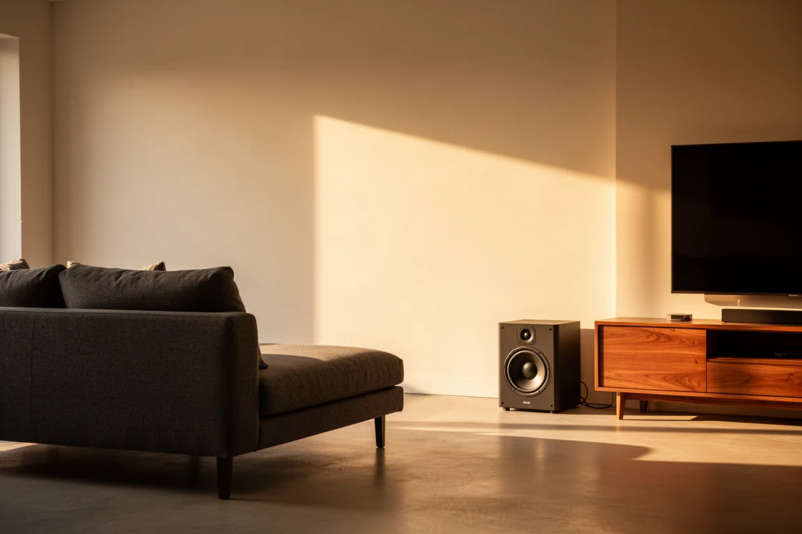 Woonkamer tijdens het gouden uur met een subwoofer naast een houten mediakast