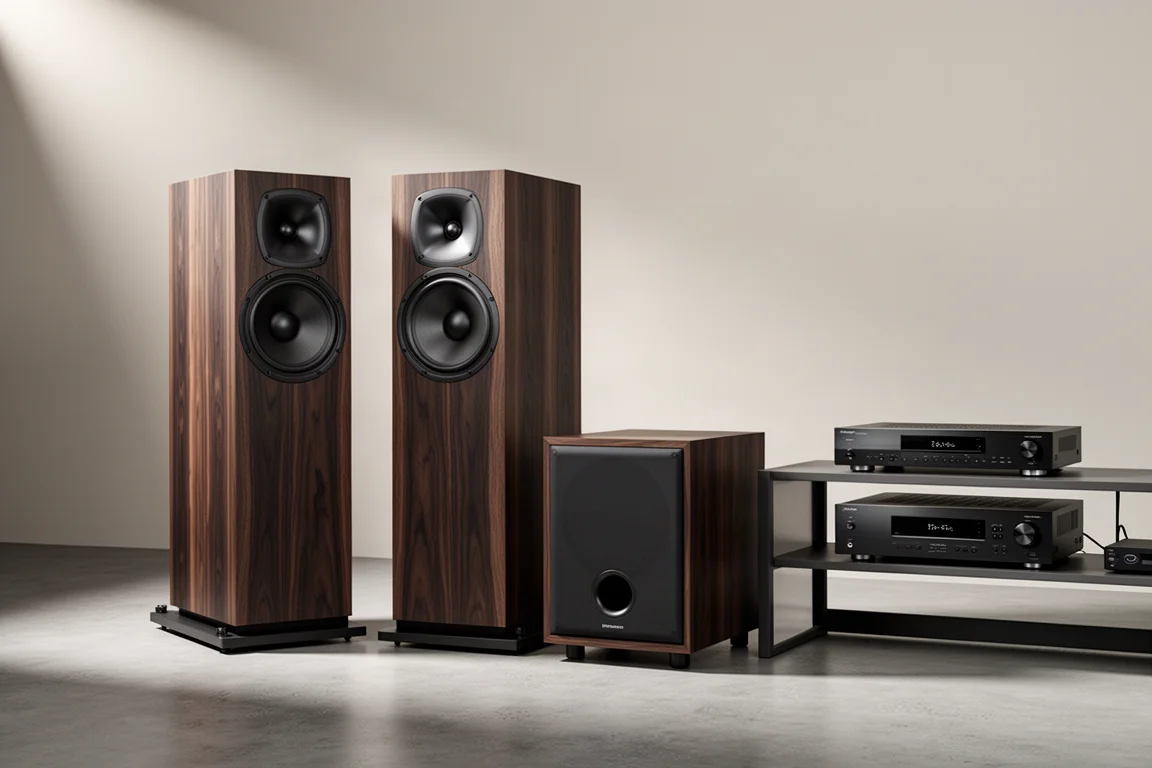 Home theater speakers, a compact subwoofer and a slim AV component arranged on a concrete floor