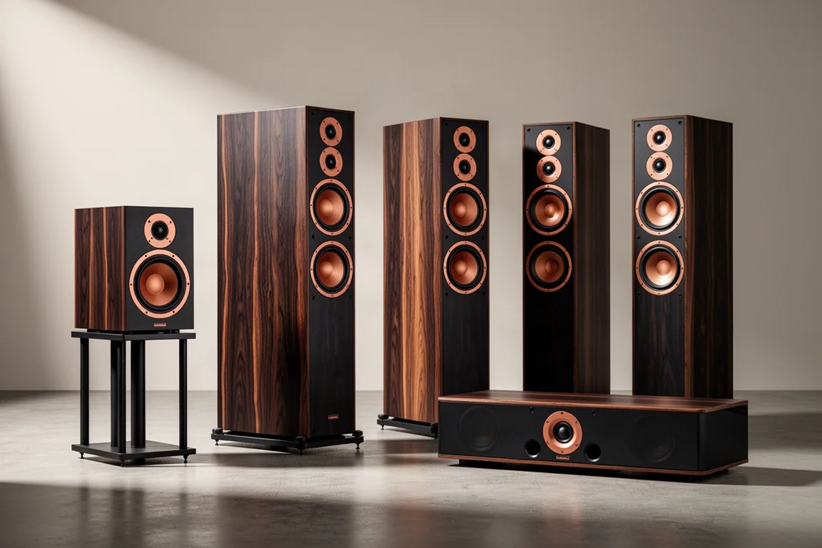 Row of dark wood floorstanding, bookshelf and center channel speakers on a concrete floor