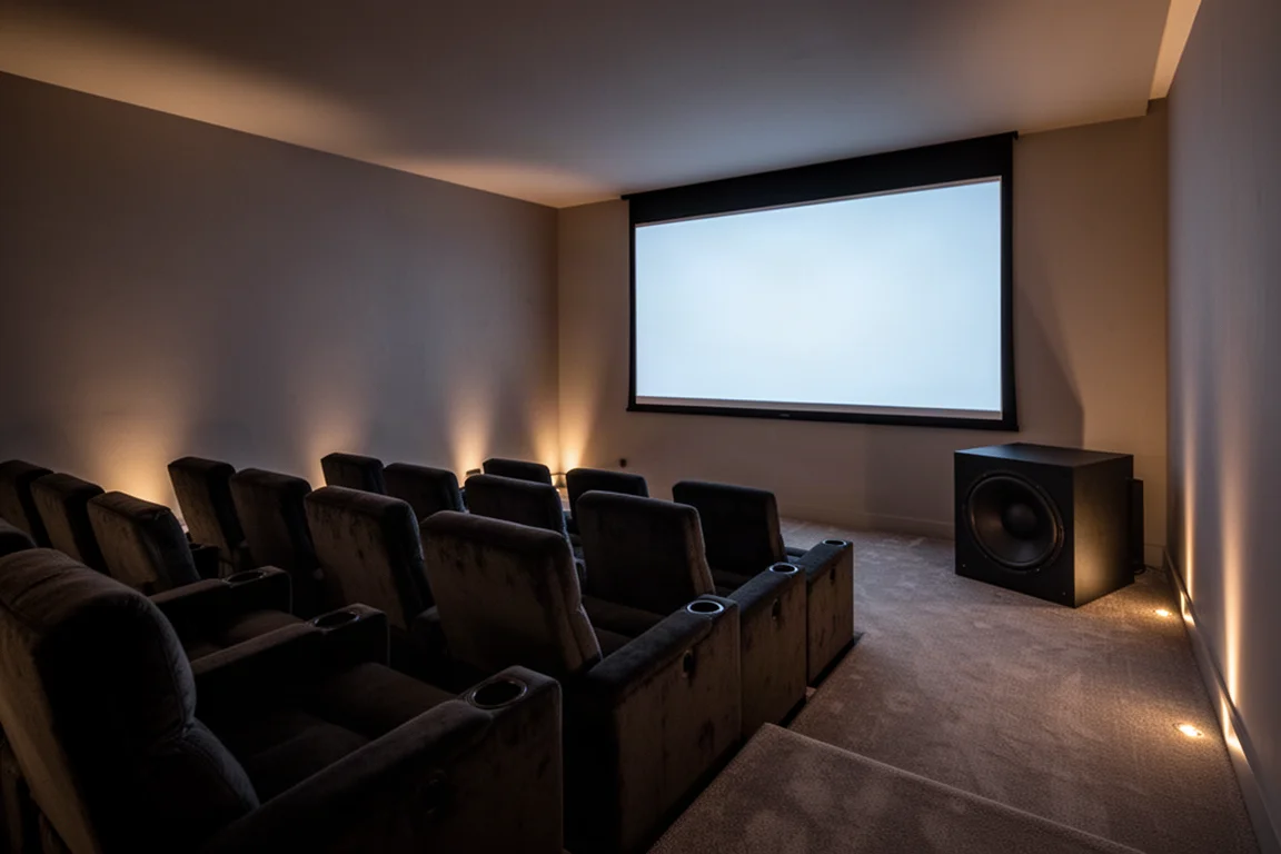 Sala home theater dedicata al crepuscolo con un grande subwoofer scuro nell'angolo anteriore