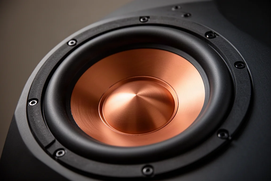 Primo piano di un grande woofer per subwoofer con cono metallico color rame e sospensione in gomma