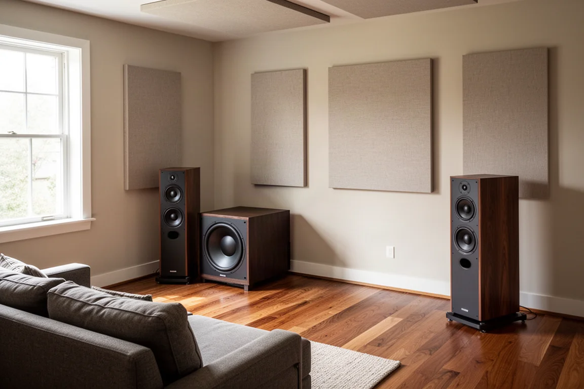 Ampia sala d'ascolto con un grande subwoofer scuro incastonato in un angolo anteriore