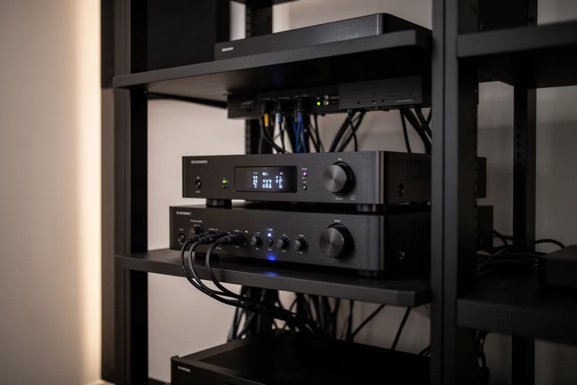 Rack per apparecchiature home theater in penombra con processore AV e amplificatore di potenza