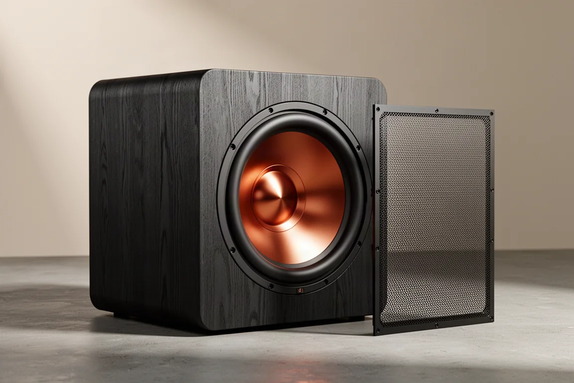 Large dark subwoofer cabinet with exposed copper-toned woofer on a matte concrete floor