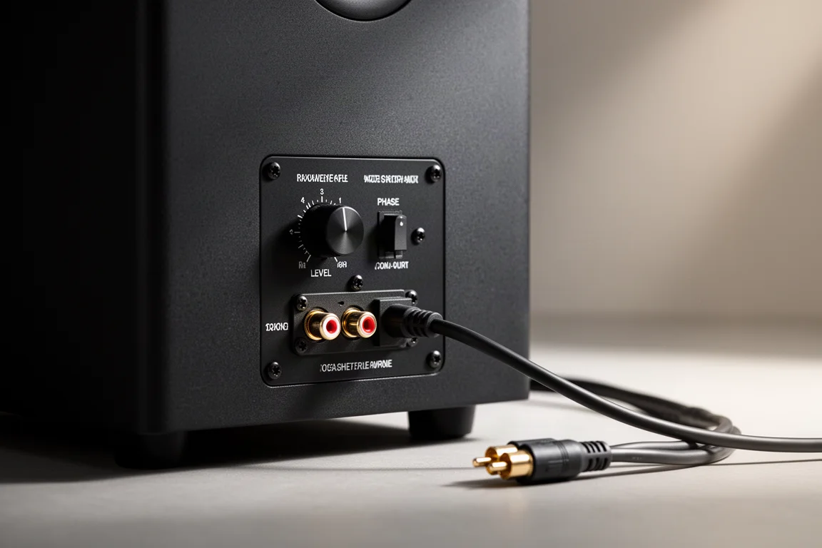 重低音喇叭背後的擴大機面板,可見音量旋鈕、相位切換與 RCA 輸入