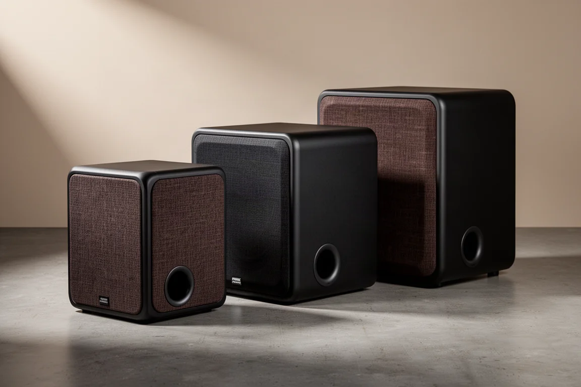 Three Klipsch Reference Premiere subwoofer cabinets of increasing size on a concrete floor