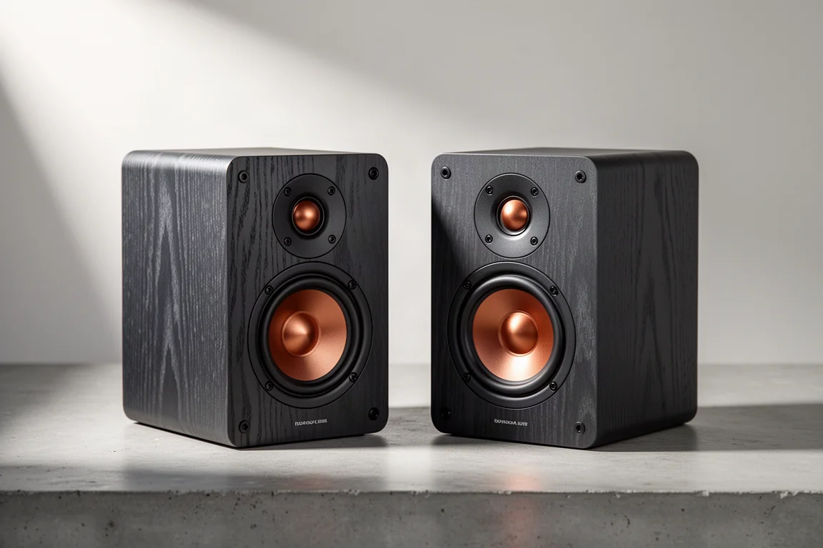 Pair of compact bookshelf speakers with copper-toned drivers on a concrete surface