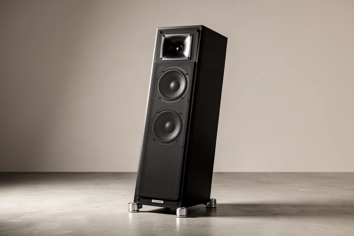 Slim black floorstanding tower speaker at a three-quarter angle on a matte concrete floor