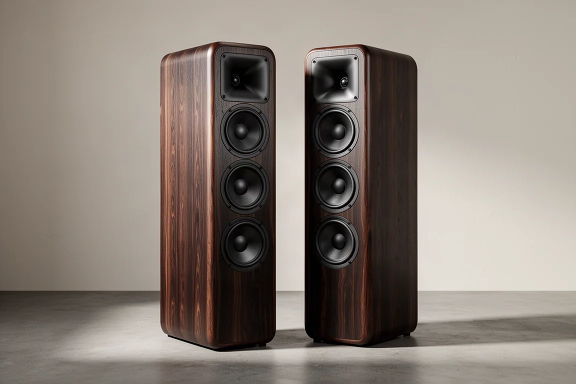 Pair of ebony floorstanding tower speakers on a concrete floor in a minimal room