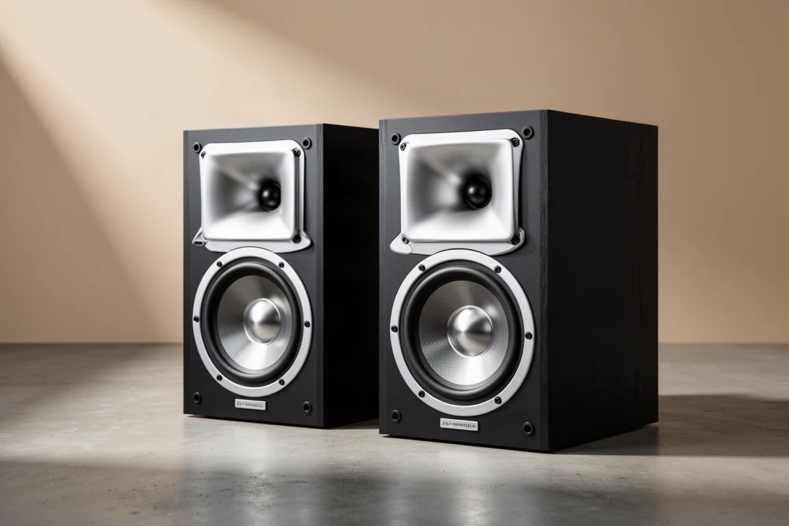 Pair of compact bookshelf speakers with copper horn tweeters on stands against a neutral backdrop