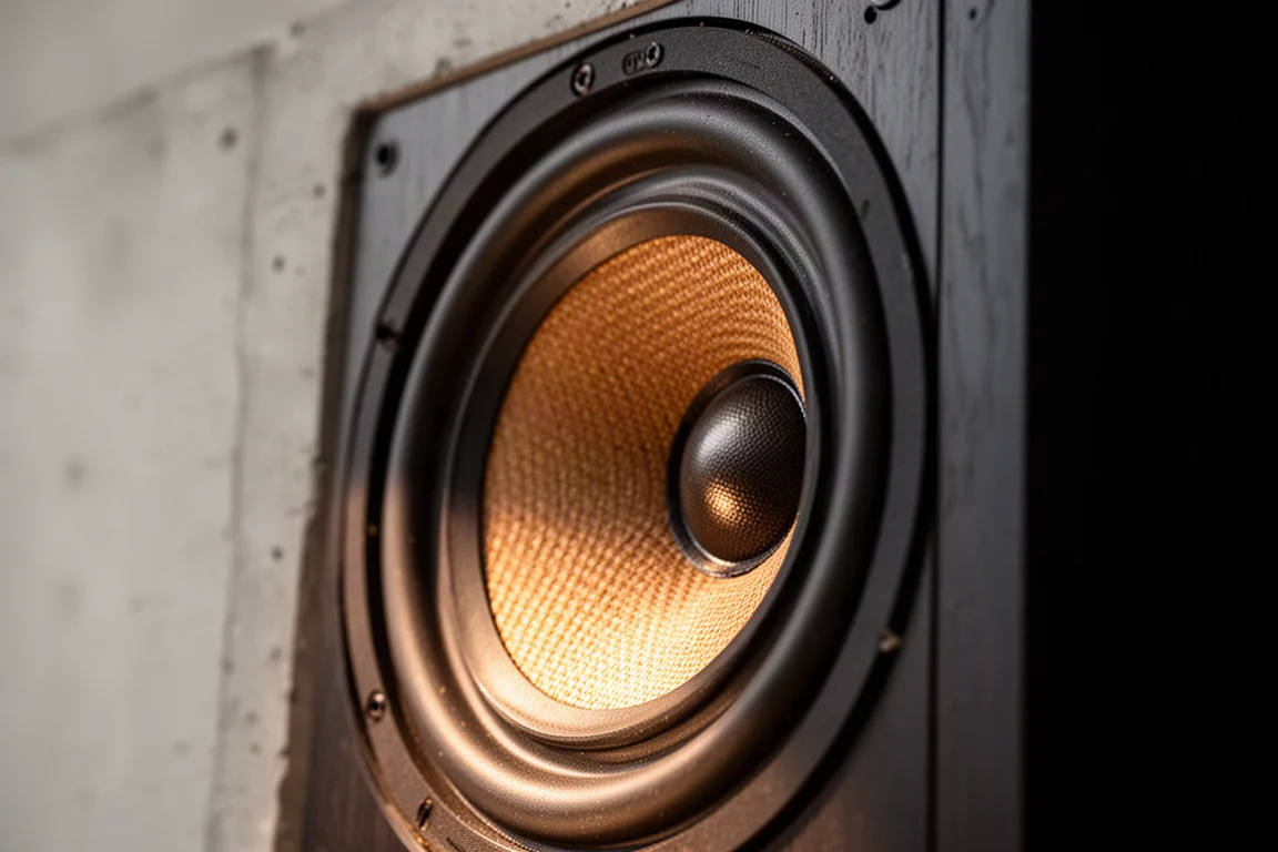 Detalle macro de un cono de altavoz de tejido y una suspensión de goma bajo luz cálida reflejada