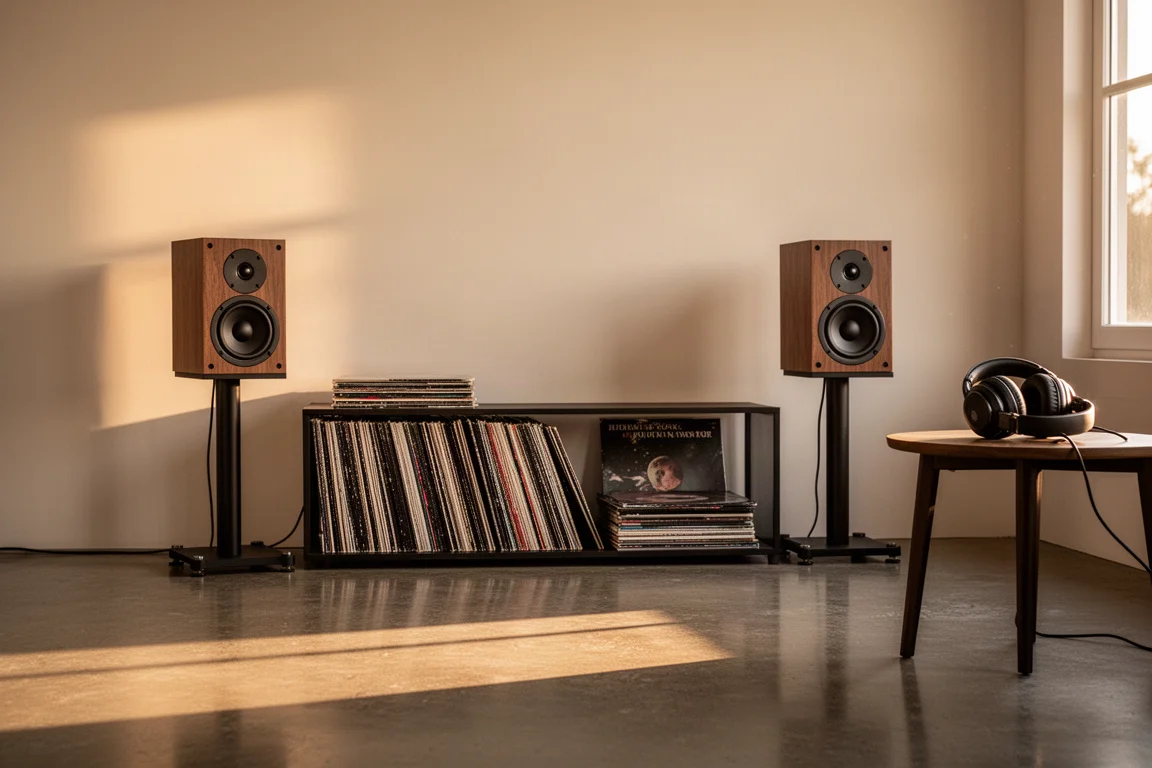 Rincón de escucha en casa a la hora dorada con altavoces, vinilos y auriculares