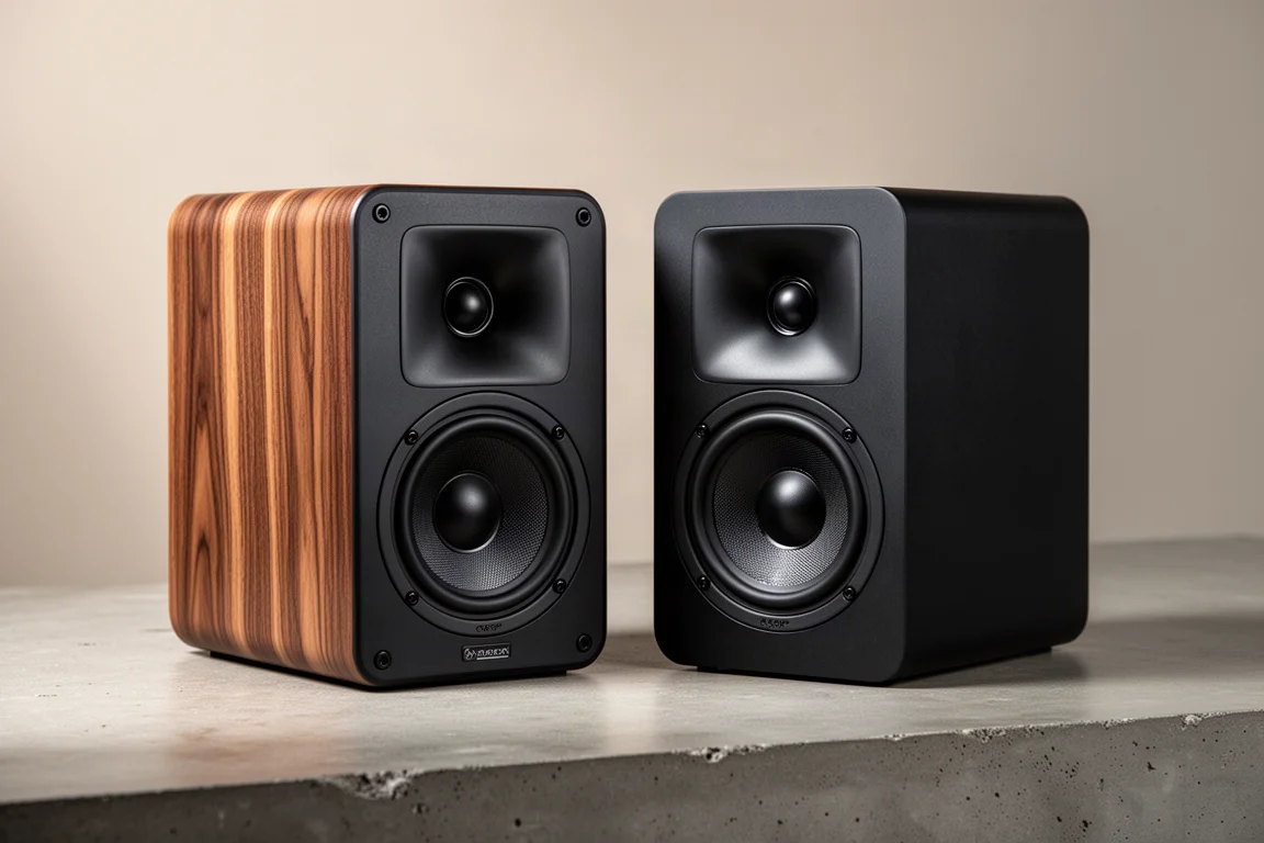 Two black horn-loaded bookshelf speakers side by side on a concrete surface