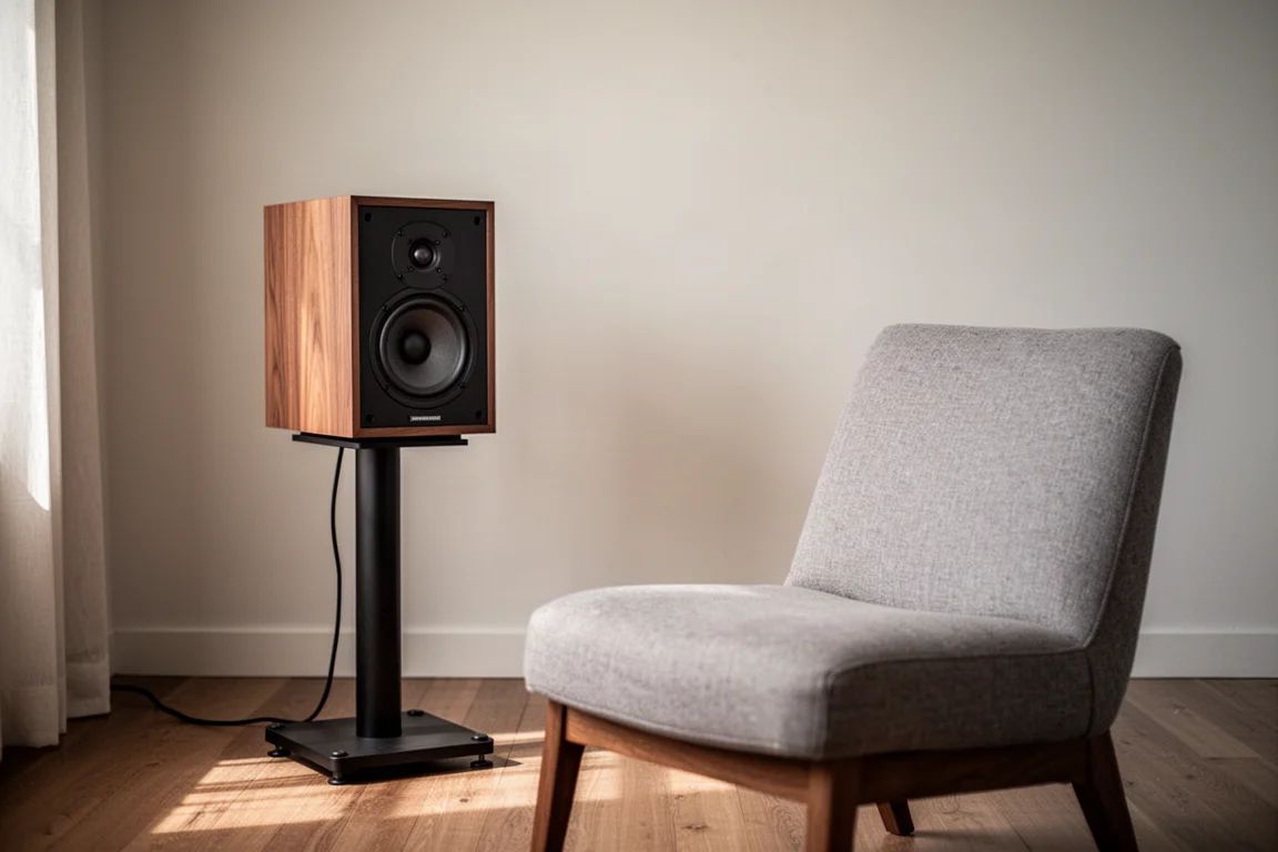 Altavoz inclinado hacia dentro sobre un soporte apuntando a una silla de escucha vacía en una sala luminosa