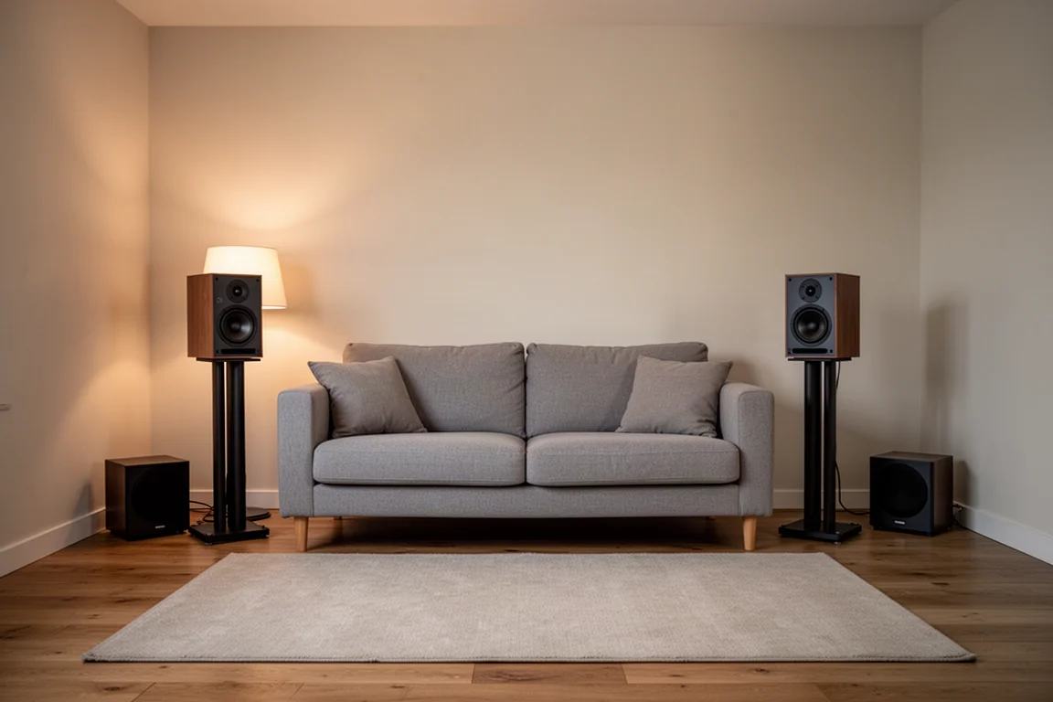 Vista amplia de una modesta sala de escucha doméstica con altavoces y un subwoofer