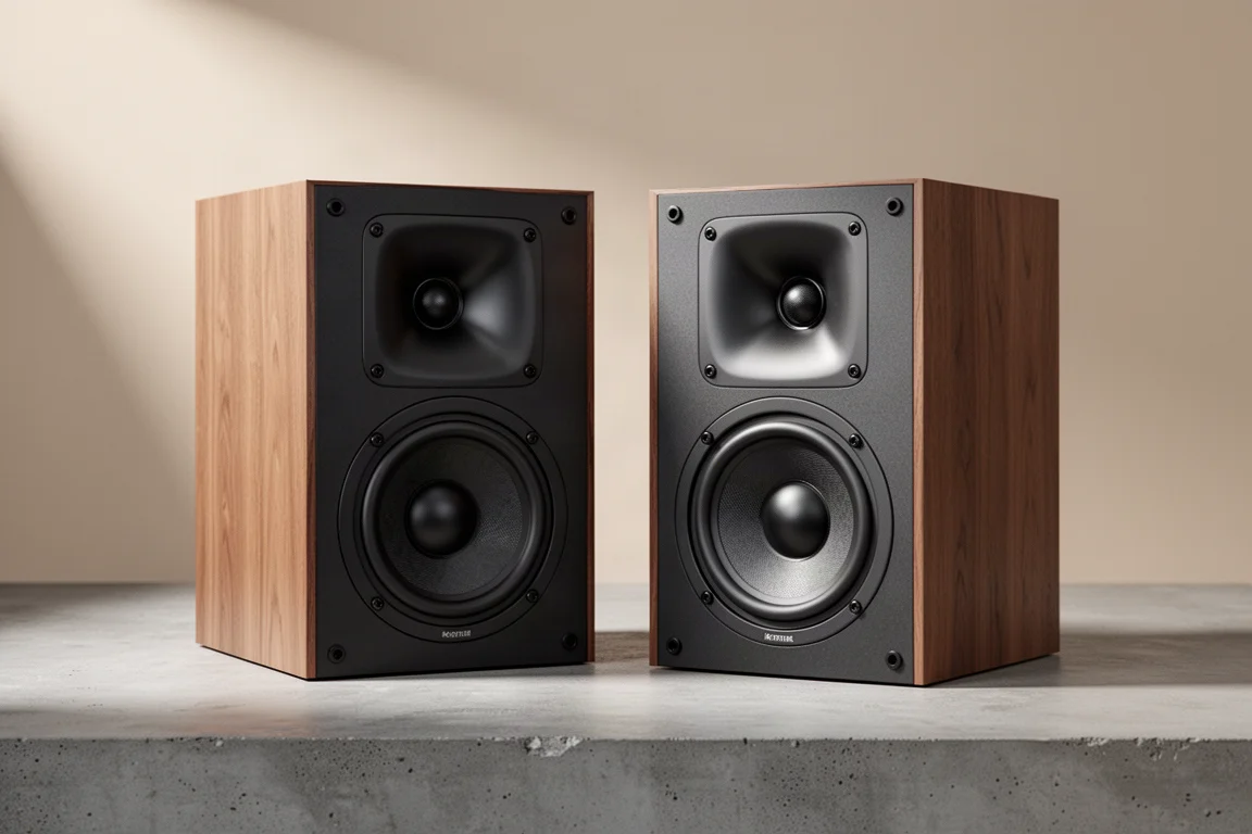 Two compact bookshelf loudspeakers side by side on a matte concrete surface