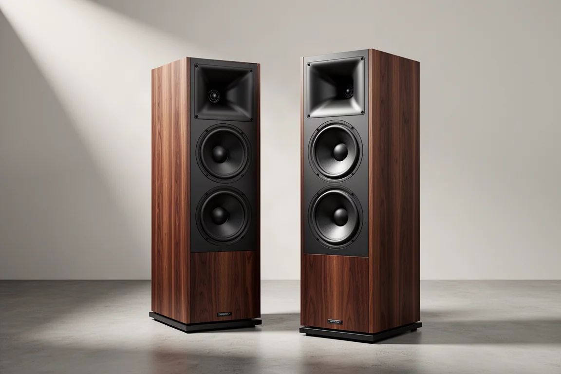 Pair of tall floorstanding speakers in a minimalist listening room
