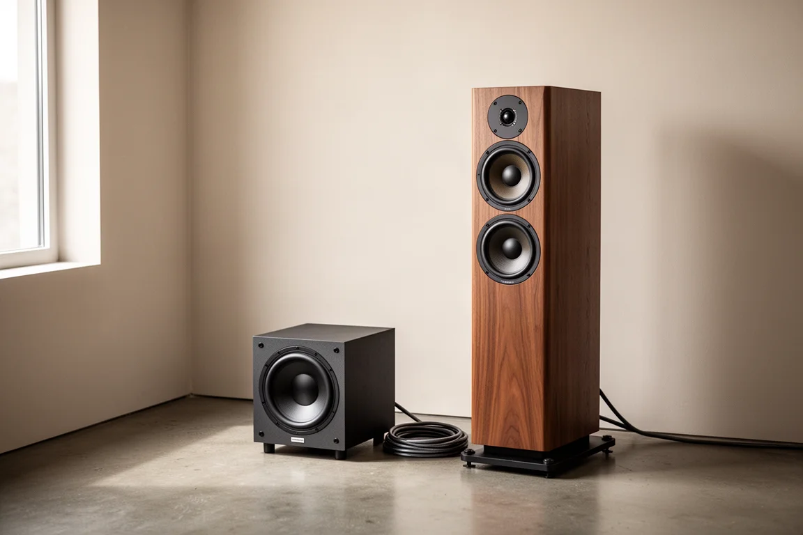 Kompakter Subwoofer neben einem hohen Standlautsprecher in einer Ecke des Hörraums