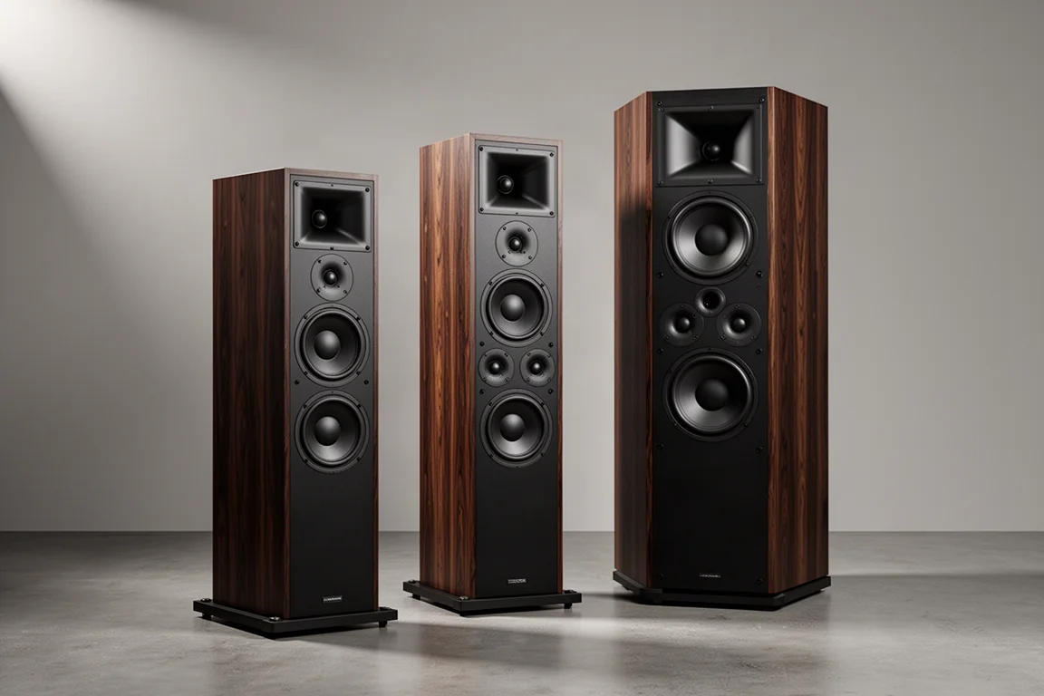 Three floorstanding tower speakers of increasing size in a row on a concrete floor