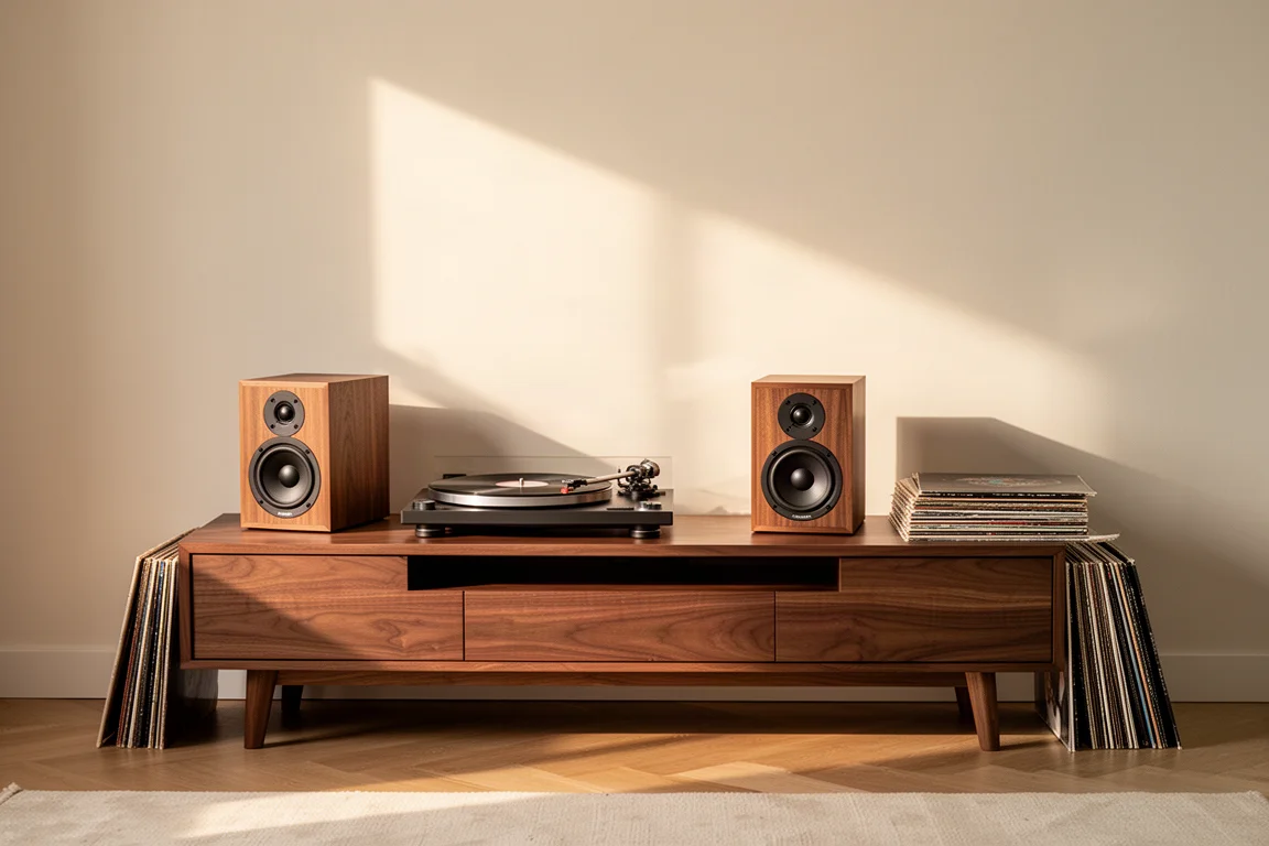 Hi-fi-hörna i vardagsrum med skivspelare och högtalare på en låg träbänk