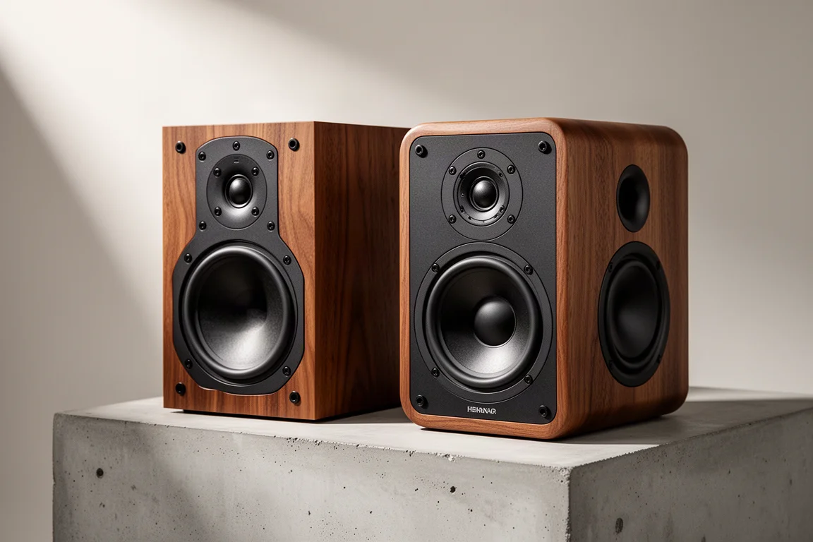 Two pairs of premium powered bookshelf speakers on a concrete plinth in studio light